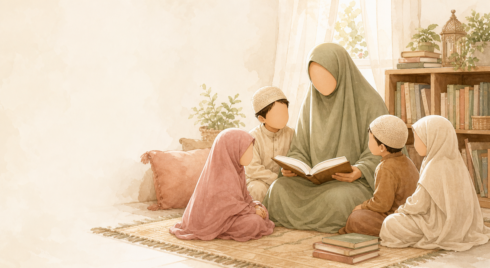 Ilustrasi ibu muslimah berjilbab lebar membacakan buku kepada putra-putrinya